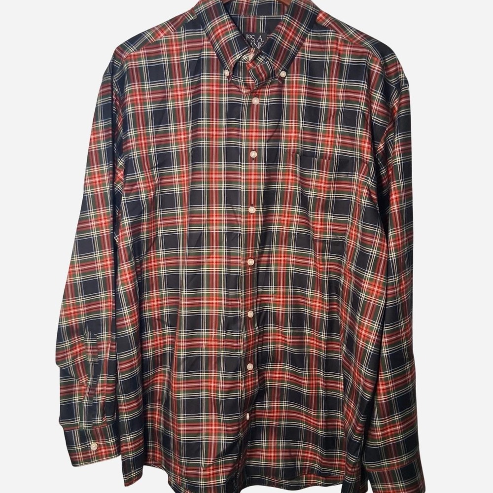Mens Jos. A. Bank Traveler's Collection Red, Navy, and White Plaid 100% Cotton